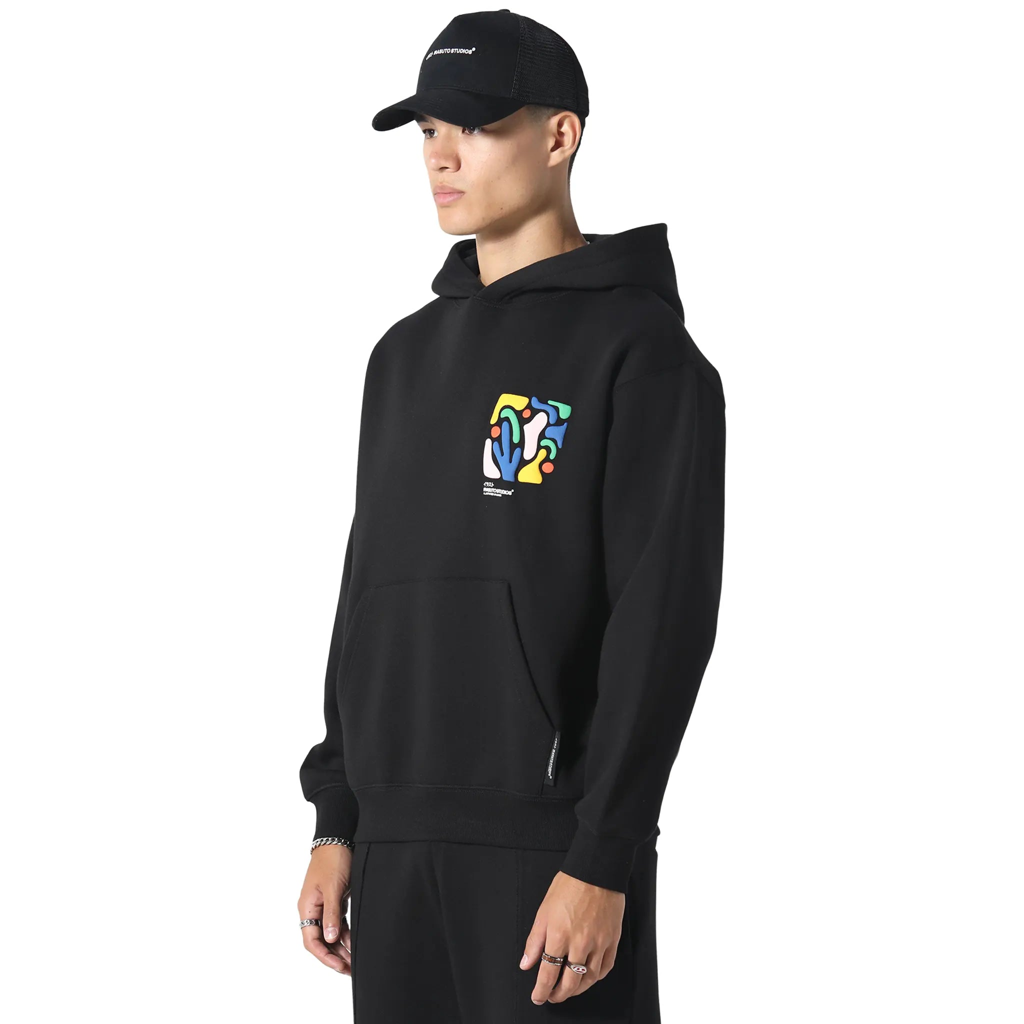 Front Side View of Irasuto Studios Shikaku Form Black Hoodie 5060615215041